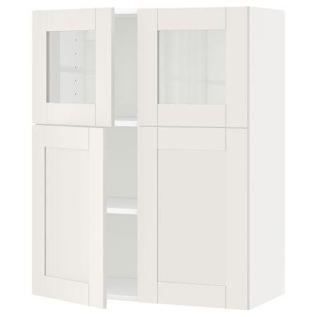 Навесной шкаф, полки, 2 двери, 2 стеклянные дверцы МЕТОД, белый, Сэведаль белый (80x100 см)
