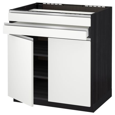 Напольный шкаф для варочной панели, 2 ящика, 2 фасада, 1 ящик МЕТОД / МАКСИМЕРА, черный, Нодста белый (80x60 см)