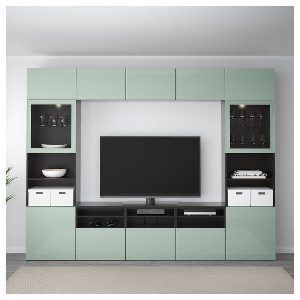 Шкаф для ТВ, комбинированный, стекляные дверцы БЕСТО, черно-коричневый Сельсвикен, глянцевый/серо-зеленый светлый прозрачное - фото 2