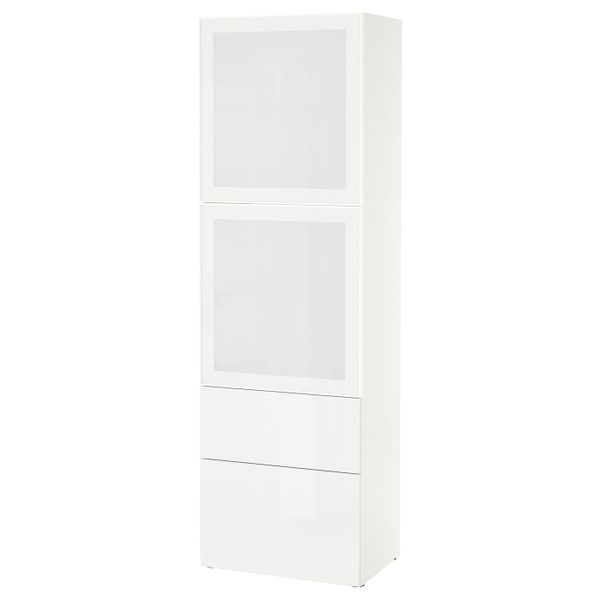 Комбинация для хранения + стеклянная дверц, белый/Сельсвикен глянцевый, белый матовое стекло 60x42x193 см IKEA BESTÅ БЕСТО - фото 1