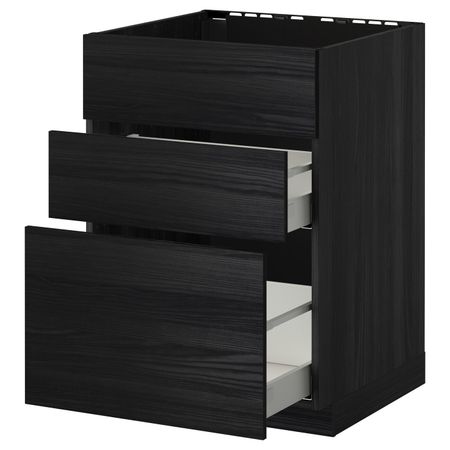 Напольный шкаф под мойку + 3 фронтальных панели/2ящ, черный, Тингсрид черный 60x60 см IKEA МЕТОД / МАКСИМЕРА 892.353.64