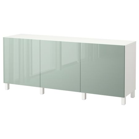 Комбинация для хранения с дверцами БЕСТО, белый, Сельсвикен глянцевый/серо-зеленый светлый (180x40x74 см)