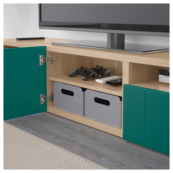 Тумба под ТВ с ящиками и дверцей БЕСТО, под беленый дуб, Халлставик сине-зеленый (180x40x38 см) - фото 3
