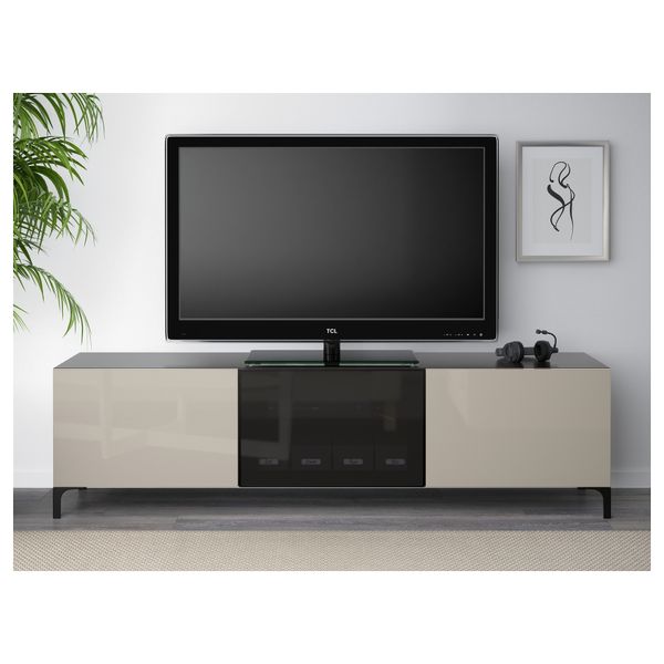 Тумба под ТВ с ящиками и дверцей БЕСТО, черно-коричневый, Сельсвикен глянцевый/бежевый/дымчатое стекло (180x40x48 см) - фото 2