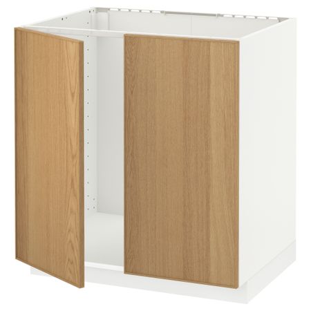 Напольный шкаф для раковины + 2 двери МЕТОД, белый, Экестад дуб (80x60 см)