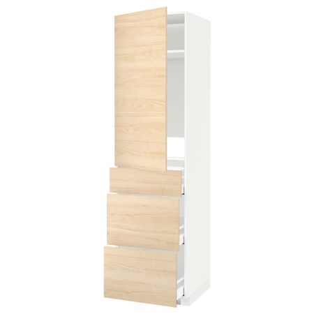 Высокий шкаф для холодильника, с дверцами, 3 ящика МЕТОД / МАКСИМЕРА, белый, Аскерсунд ясень под светлый ясень (60x60x220 см)