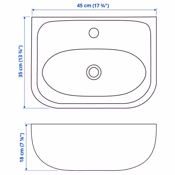SKATSJÖN Раковина с сифоном/смесителем - белый 45x35 см - схема-чертеж с размерами