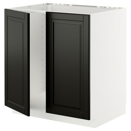 METOD Напольный шкаф для мойки+2 двери - белый/Bodbyn чёрный 80x60 см
