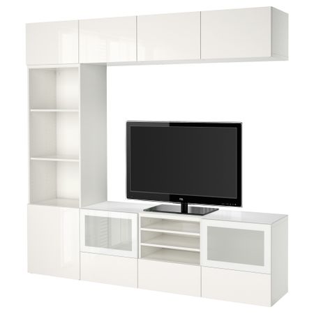 Шкаф для ТВ, комбинированный, стекляные дверцы БЕСТО, белый, Сельсвикен глянцевый/белый матовое стекло (240x40x230 см)