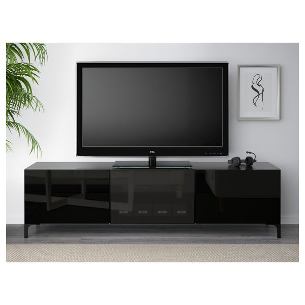 Тумба под ТВ с ящиками и дверцей БЕСТО, черно-коричневый, Сельсвикен глянцевый/черный дымчатое стекло (180x40x48 см) - схема-чертеж с размерами