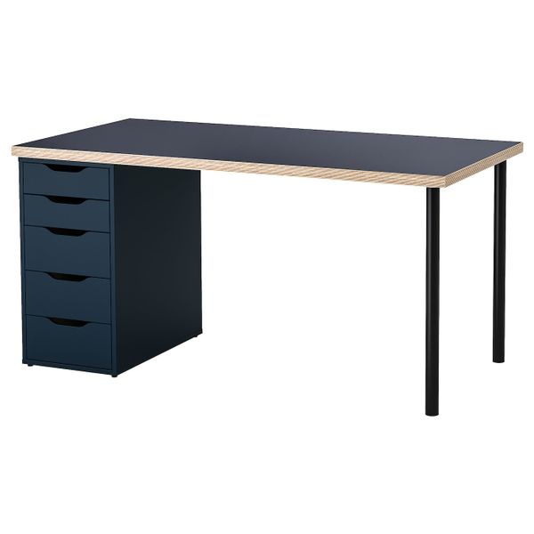Стол, черный, синий 150x75 см IKEA ЛИННМОН / АЛЕКС 193.039.93 - фото 1