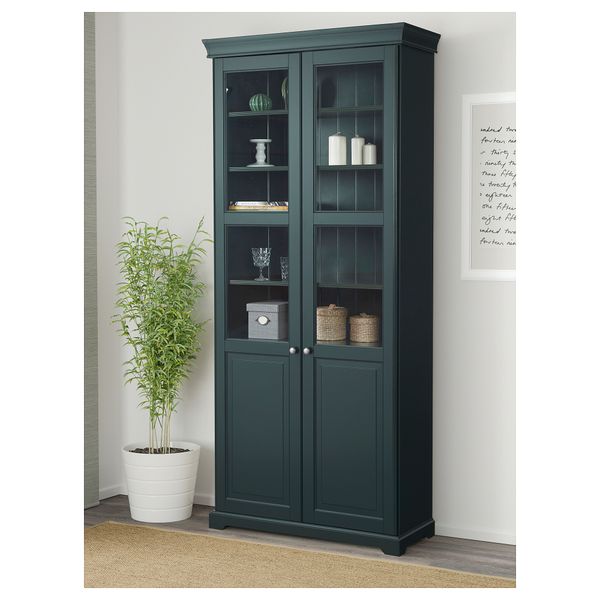 Шкаф книжный со стеклянными дверьми ЛИАТОРП, темный оливково-зеленый (96x214 см) - фото 6