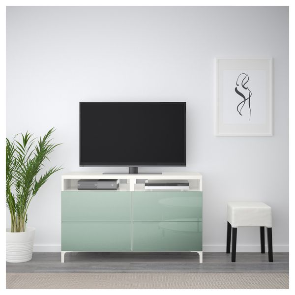 Тумба для ТВ с ящиками БЕСТО, белый, Сельсвикен глянцевый/серо-зеленый светлый (120x40x74 см) - фото 2