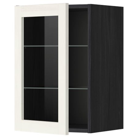 Навесной шкаф с полками, стекляными дверцы МЕТОД, черный, Росдаль белый