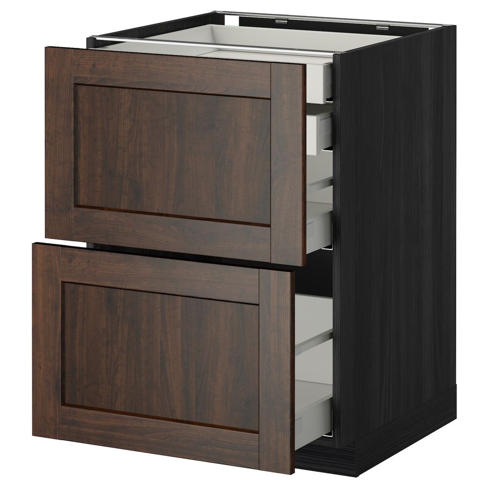 Напольный шкаф 2 фронтальные панели, 2 нижних, 1 средний, 1 высокий ящ, черный/Эдсерум коричневый 60x60 см IKEA МЕТОД / - фото 1