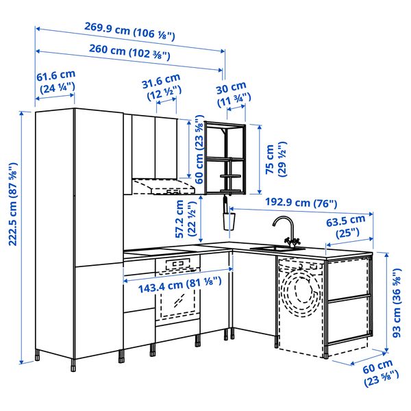 Угловая кухня, белый, серый каркас IKEA BEGIVENHET БЕГИВЕНХЕТ 894.772.92 - схема-чертеж с размерами