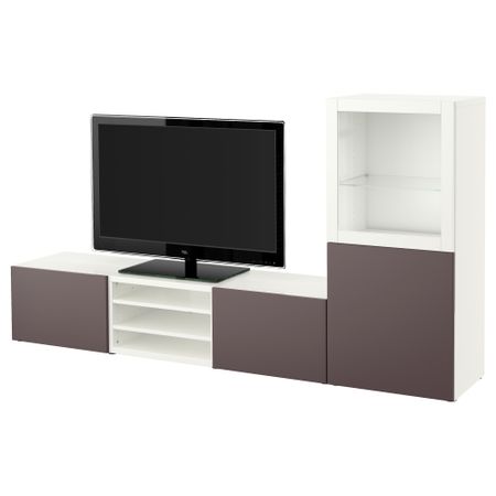 Шкаф для ТВ, комбинированный, стекляные дверцы БЕСТО, белый, Вальвикен темно-коричневый, прозрачное стекло (240x40x128 см)