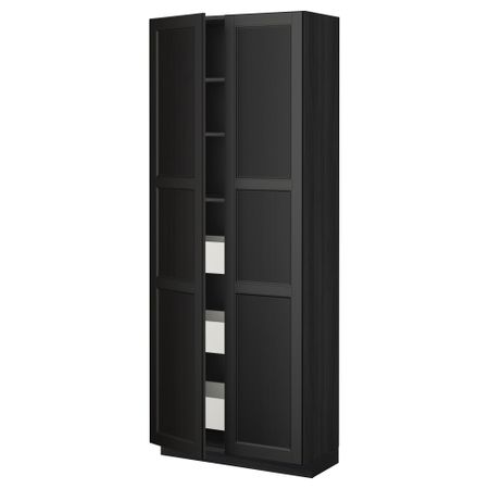 Высокий шкаф с ящиками, 2 дверцы МЕТОД / МАКСИМЕРА, черный, Лаксарби черно-коричневый (80x37x200 см)