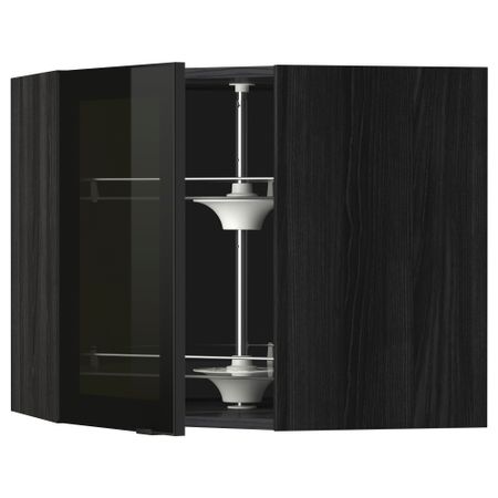 Угловой навесной шкаф с вращающающейся секцией, стеклянными дверцами МЕТОД, черный, Ютис дымчатое стекло