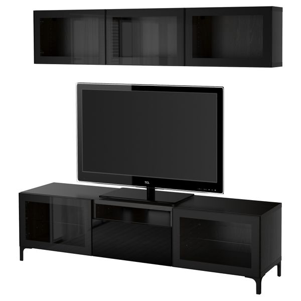 Шкаф для ТВ, комбинированный, стекляные дверцы БЕСТО, черно-коричневый, Сельсвикен глянцевый/черный прозрачное стекло - фото 1