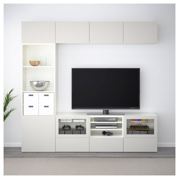 Шкаф для ТВ, комбинированный, стекляные дверцы БЕСТО, белый, Лаппвикен светло-серый прозрачное стекло (240x40x230 см) - фото 2