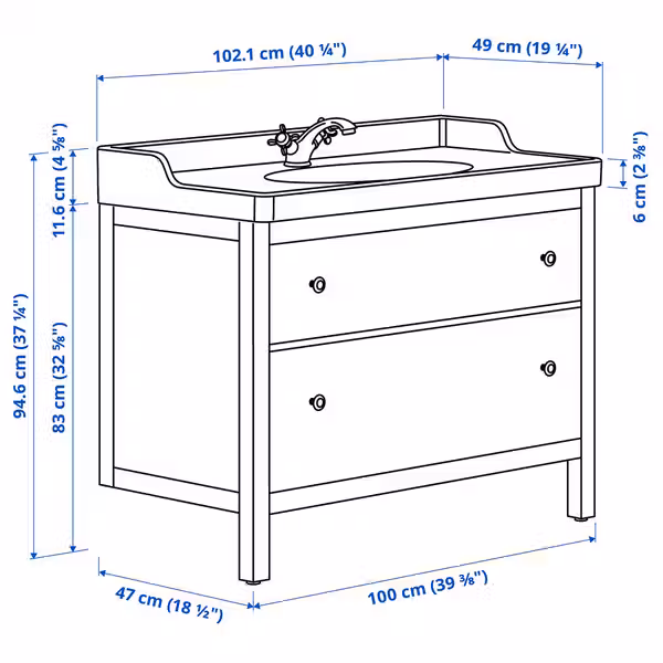 HEMNES / RUTSJÖN РУТШЁН Шкаф с ящиками/раковина/смеситель - схема-чертеж с размерами