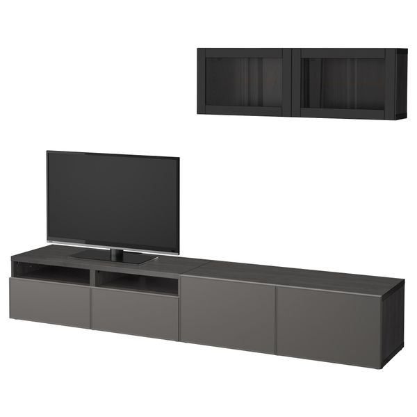 Шкаф для ТВ, комбинированный, стекляные дверцы БЕСТО, черно-коричневый Грундсвикен, темно-серый прозрачное стекло (240x20/40x166 - фото 1