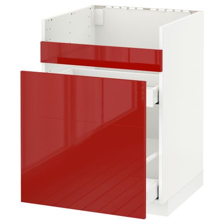 Напольный шкаф под мойку ДУМШЁ, 3 фасада, 2 ящика МЕТОД / МАКСИМЕРА, белый, Рингульт красный