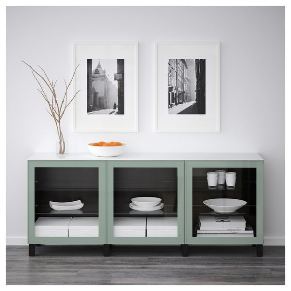 Комбинация для хранения с дверцами БЕСТО, черно-коричневый Глассвик, глянцевый/серо-зеленый светлый прозрачное стекло (180x42x74 - схема-чертеж с размерами