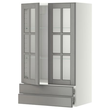 Навесной шкаф, 2 стеклянные дверцы, 2 ящика МЕТОД / ФОРВАРА, белый, Будбин серый