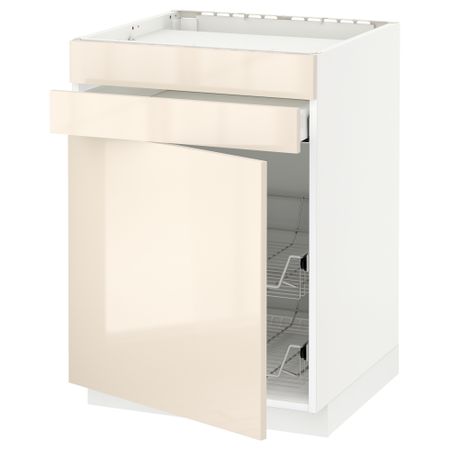 Напольный шкаф для варочной панели, ящик, 2 проволочных корзины МЕТОД / МАКСИМЕРА, белый, Рингульт кремовый (60x60 см)
