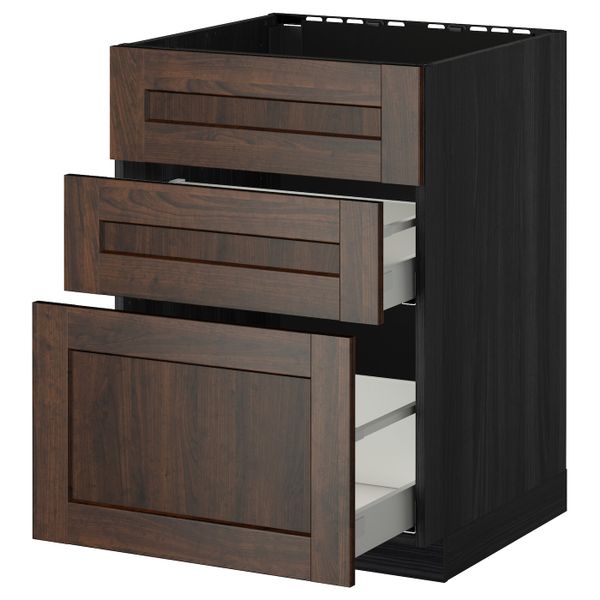 Напольный шкаф под мойку + 3 фронтальных панели/2ящ, черный/Эдсерум коричневый 60x60 см IKEA МЕТОД / МАКСИМЕРА 192.353.67 - схема-чертеж с размерами
