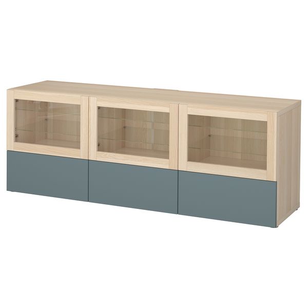Тумба под ТВ, с дверцами и ящиками БЕСТО, под беленый дуб, Вальвикен серо-бирюзовый, прозрачное стекло (180x40x64 см) - фото 1