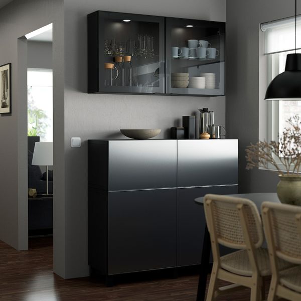 Комбинация для хранения с дверцами/ящ, черно-коричневый РИКСВИК/стуббарп/под брашированное темное олово прозрачное стекло - фото 3