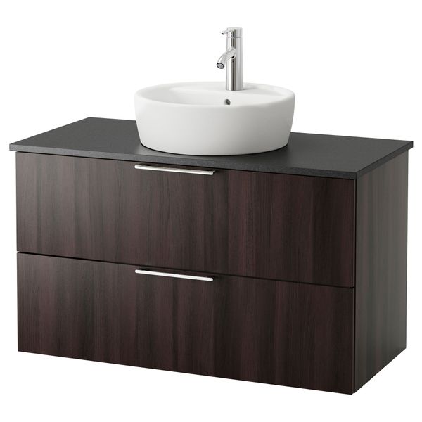 Шкаф п-раковину/столешн45/раковина ГОДМОРГОН/АЛДЕРН / ТОРНВИКЕН, черно-коричневый, черный (102x49x74 см) - схема-чертеж с размерами