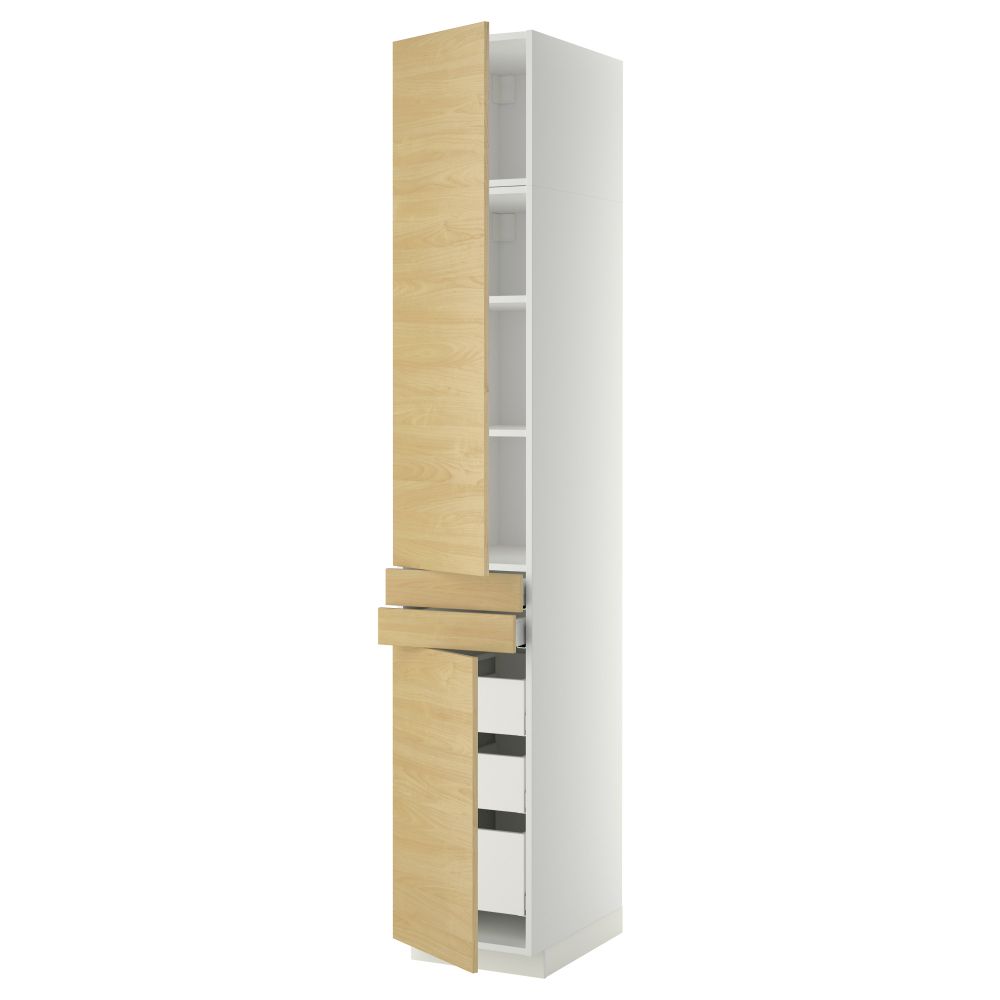 Высокий шкаф + полки, 5 ящиков, 2 дверцы, 2 фронтальных МЕТОД / МАКСИМЕРА, белый, Тингсрид береза - фото 1