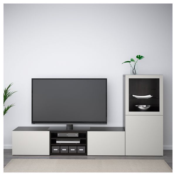 Шкаф для ТВ, комбинированный, стекляные дверцы БЕСТО, черно-коричневый, Лаппвикен светло-серый прозрачное стекло (240x40x128 см) - фото 2