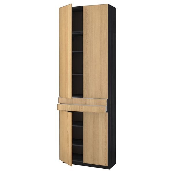 Высокий шкаф + полки, 2 ящика, 4 дверцы МЕТОД / МАКСИМЕРА, черный, Экестад дуб (80x37x240 см) - схема-чертеж с размерами