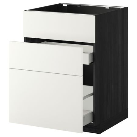 Напольный шкаф под мойку + 3 фронтальных панели, 2 ящика МЕТОД / МАКСИМЕРА, черный, Хэггеби белый