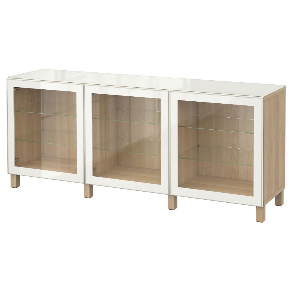 Комбинация для хранения с дверцами БЕСТО, под беленый дуб, Глассвик белый прозрачное стекло (180x40x74 см) - фото 1