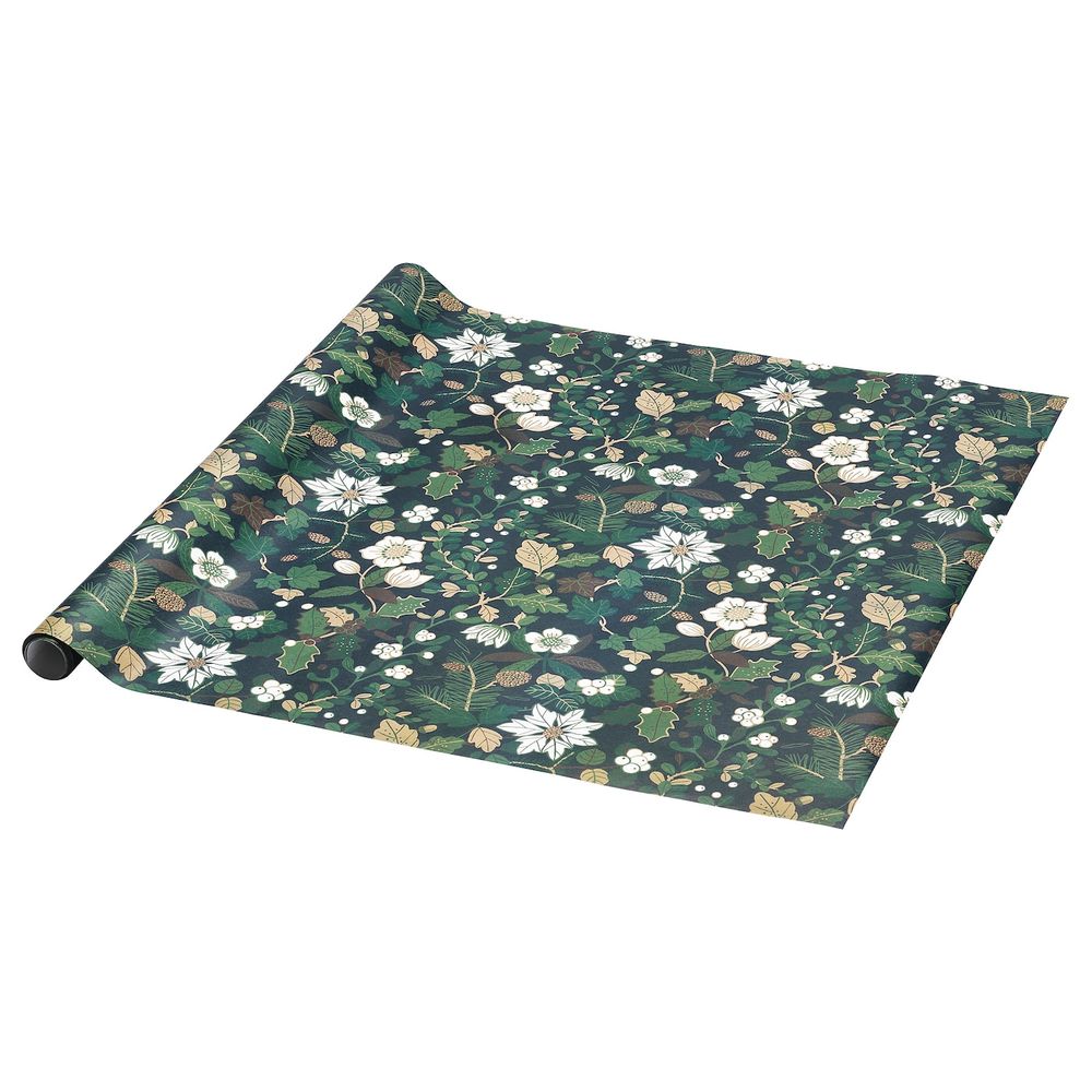 Рулон оберточной бумаги, орнамент «рождественская роза» зеленый 3x0.7 м IKEA VINTER 2020 ВИНТЕР 2020 604.715.25 - фото 1