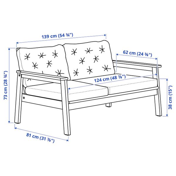2-местный диван,садовый, серый морилка/Куддарна бежевый IKEA BONDHOLMEN БОНДХОЛЬМЕН 793.238.27 - схема-чертеж с размерами