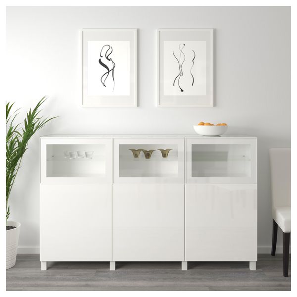 Комбинация для хранения с дверцами БЕСТО, белый Сельсвикен, Глассвик глянцевый/белый прозрачное стекло (180x40x112 см) - схема-чертеж с размерами