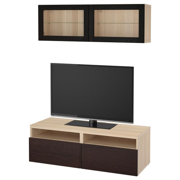 Шкаф для ТВ, комбинированный, стекляные дверцы БЕСТО, под беленый дуб, Инвикен черно-коричневый прозрачное стекло (120x20/40x166 - фото 1