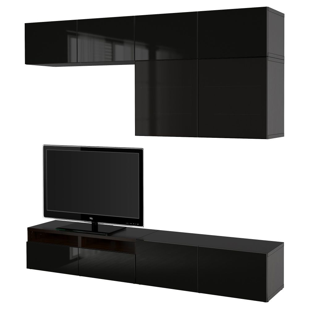 Шкаф для ТВ, комбинированный, стекляные дверцы БЕСТО, черно-коричневый, Сельсвикен глянцевый/черный дымчатое стекло (240x40x230 - фото 1