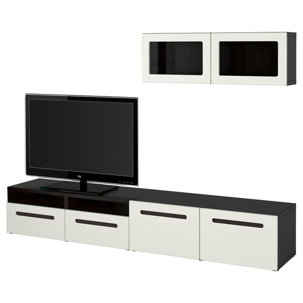 Шкаф для ТВ, комбинированный, стекляные дверцы БЕСТО, черно-коричневый, Марвикен белый прозрачное стекло (240x20/40x166 см) - фото 1