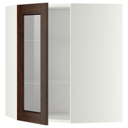 Угловой навесной шкаф с полками, стекляными дверцами МЕТОД, белый, Эдсерум коричневый