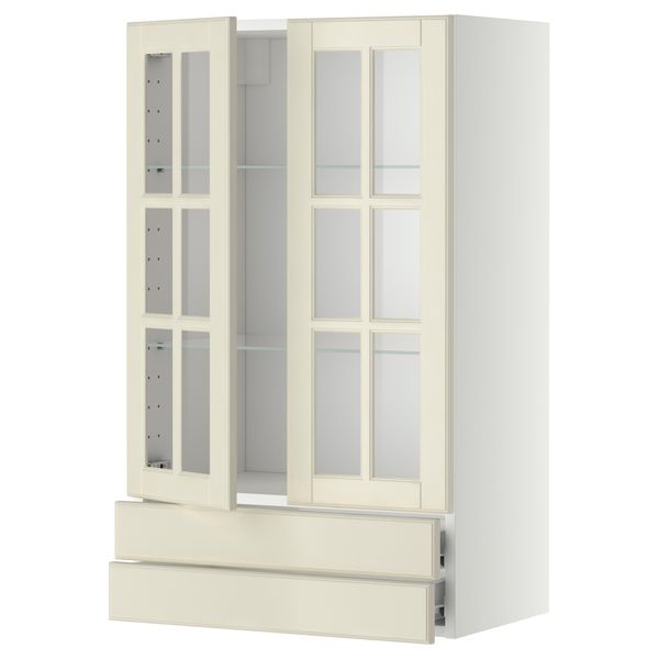 Навесной шкаф, 2 стеклянные дверцы, 2 ящика МЕТОД / ФОРВАРА, белый, Будбин белый с оттенком - фото 1