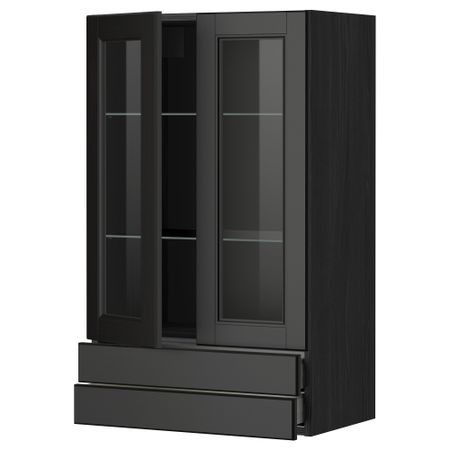 Навесной шкаф, 2 стеклянные дверцы, 2 ящика МЕТОД / МАКСИМЕРА, черный, Лаксарби черно-коричневый