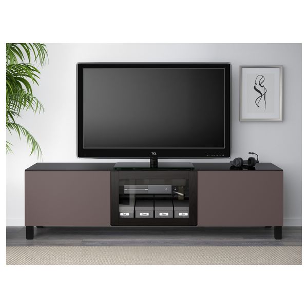 Тумба под ТВ, с дверцами БЕСТО, черно-коричневый, Вальвикен темно-коричневый, прозрачное стекло (180x40x38 см) - схема-чертеж с размерами